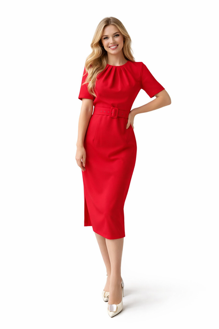 Model wearing a red sheath midi dress with a pleated neckline, padded shoulders, matching belt and side slit