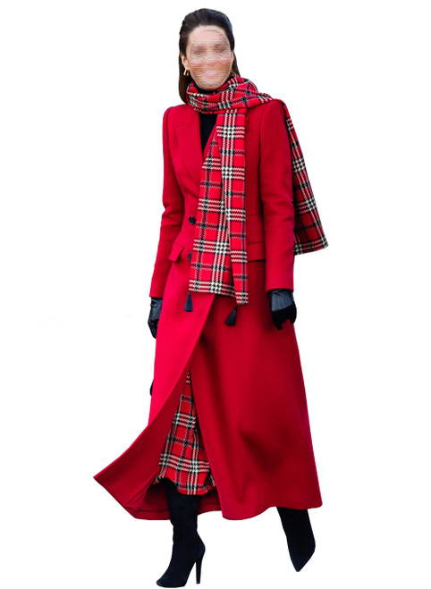 Red Longline Military Wool Coat with Double-Breasted Front