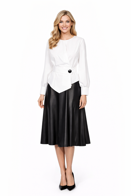 Model wearing an asymmetric white long-sleeve blouse with a snap-button belt and a high-waisted black A-line midi skirt