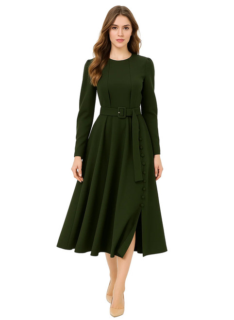 Model wearing an olive green long-sleeve belted midi dress with button detailing