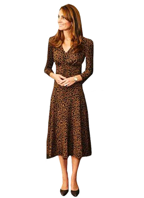 Abstract Print Ruched Front Flared Midi Silk Dress with 1930's Style