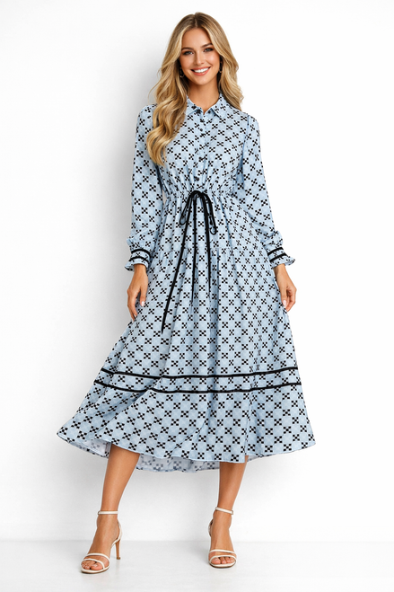 Blue geo-print drawstring maxi shirt dress – front view