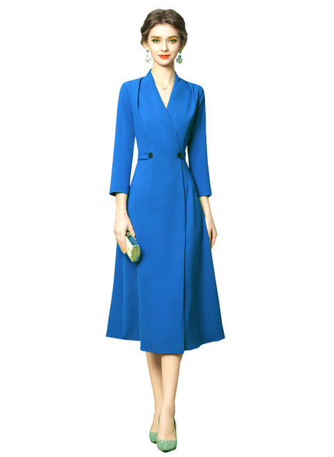 Blue 3/4 Sleeve Double-Breasted Wrap Coat Dress