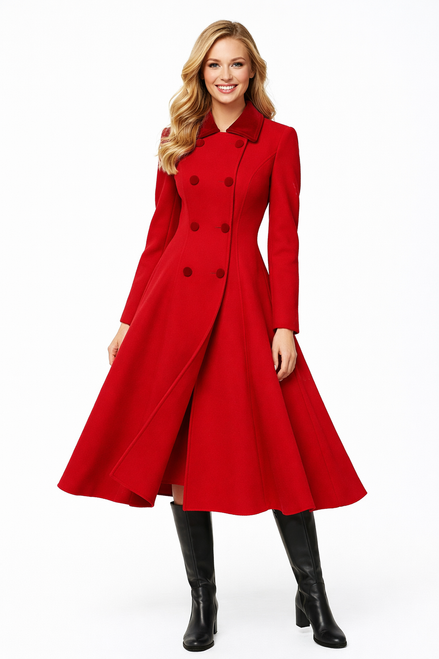 Model wearing a red double-breasted midi coat with a contrast velvet collar
