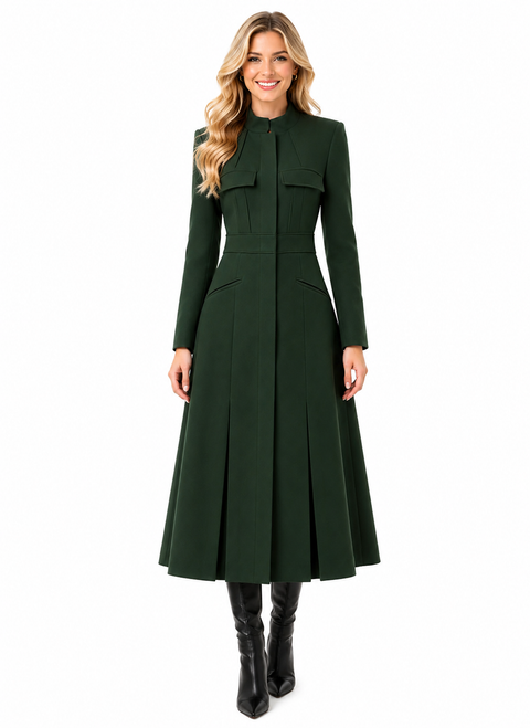 Green High Neck Military-style Structured Longline Coat