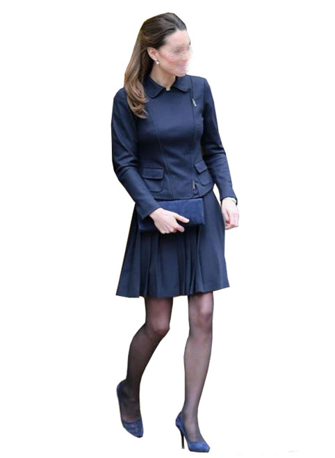 Navy Zip-up Moto Jacket & Knife-pleated Short Skirt Set