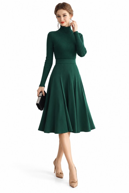 Model wearing a dark green ribbed turtleneck top and pleated midi skirt set
