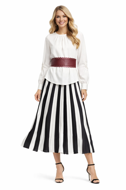 Model wearing a white gathered-sleeve blouse with a black, white and grey striped pleated midi skirt and red waist belt
