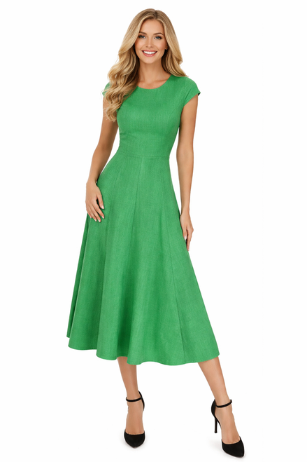 Model wearing a green fit-and-flare midi dress with cap sleeves, a darted bodice and a softly flared skirt