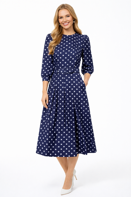 Vintage Navy Polka Dot Pleated Midi Dress with Belted Waist