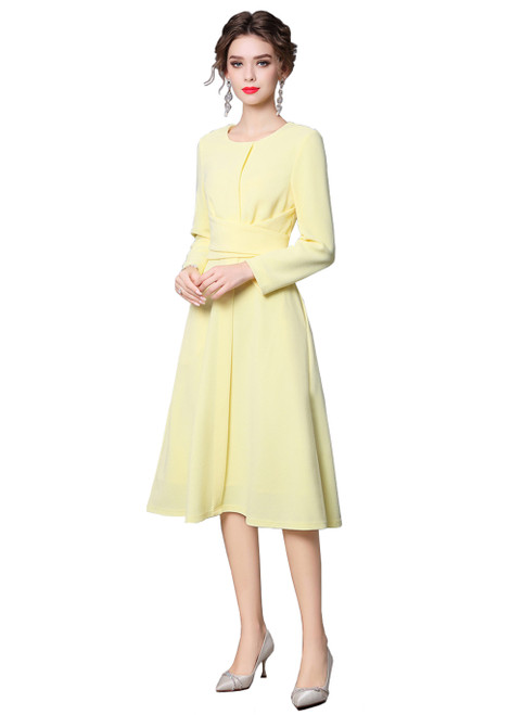 Yellow A-line Dress with Wraparound Waist Design