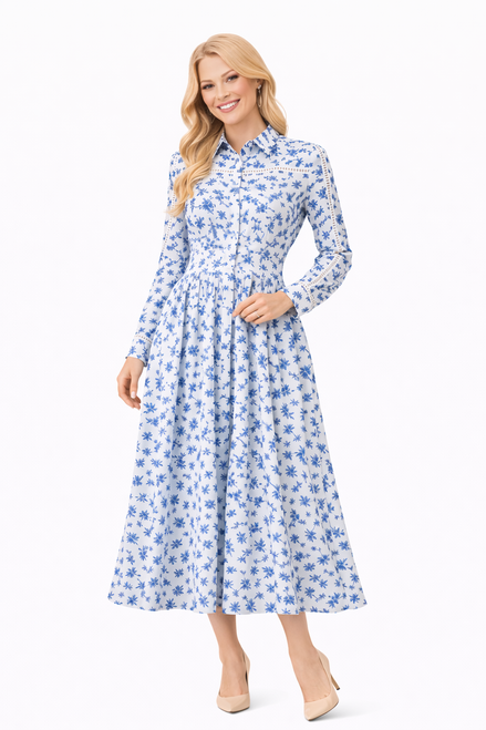 White Ditsy Floral Pleated Shirt Dress with Long Sleeves
