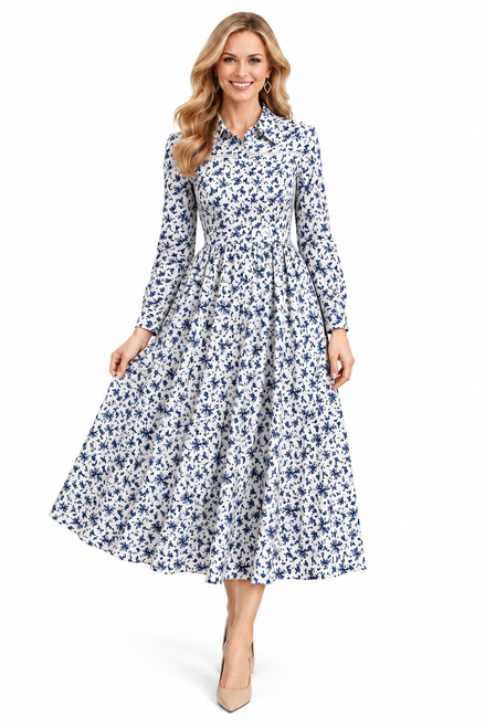 White Ditsy Floral Pleated Shirt Dress with Long Sleeves