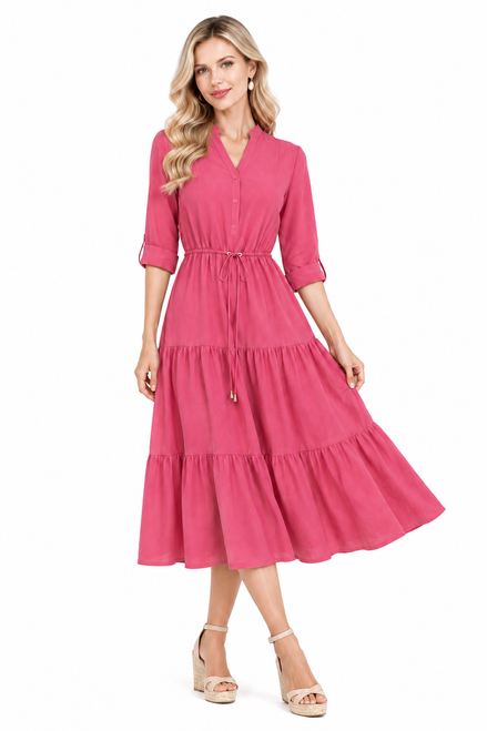 Hot Pink Mandarin Collar Belted Tiered Midi Dress