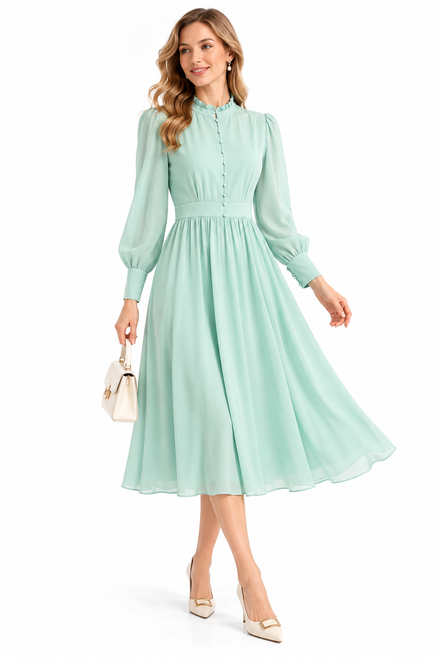 Pastel mint ruffle-neck bishop-sleeve midi dress – front view