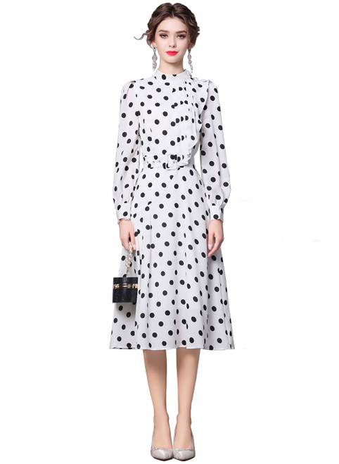 White/Black Polka Dot High-Neck Ruffled Midi Dress