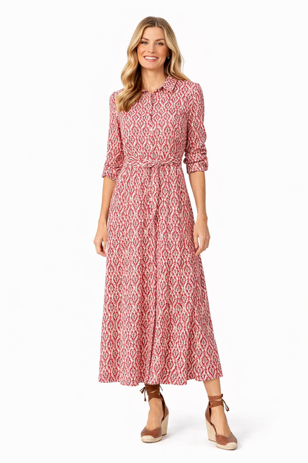 Red Aztec Printed Button-Down Shirt with Belted Waist