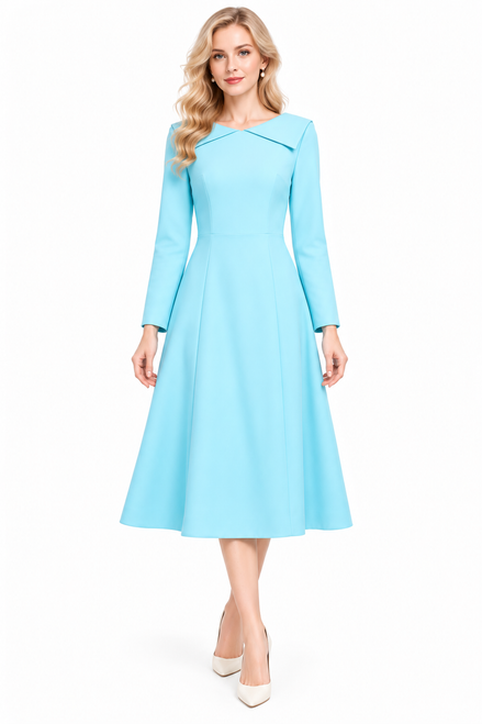 Model wearing a sky blue boat-neck fit-and-flare coat dress