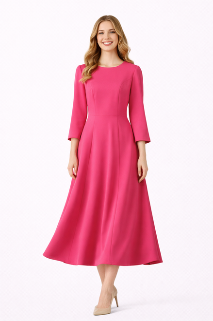 Fuchsia Fit-and-Flare Midi Dress with 3/4 Sleeves
