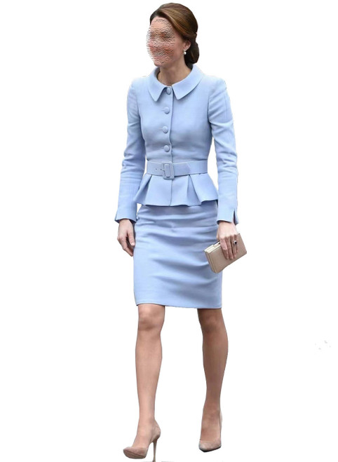 Pale Blue Belted Peplum Jacket and Pencil Skirt Suit