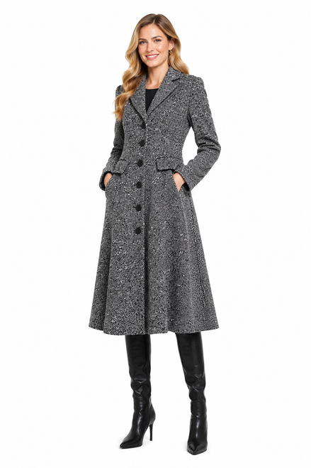 Lapel Collar Tweed A-line Flared Coat Dress in Grey