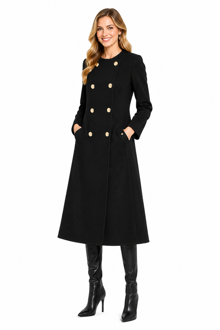 Model wearing a black collarless longline coat with gold-tone buttons and mock flap pockets