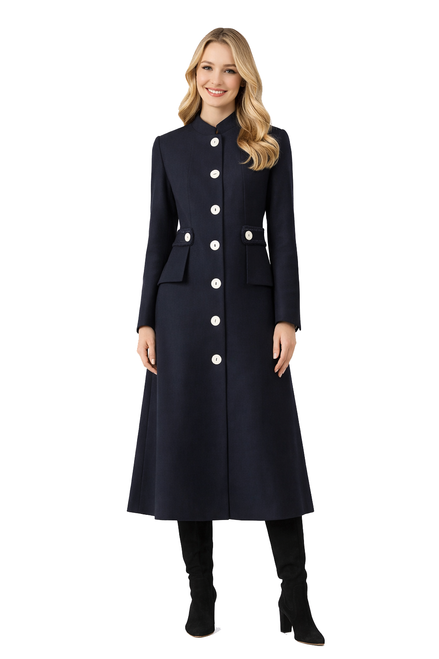 Navy military coat dress with white contrast buttons – front view