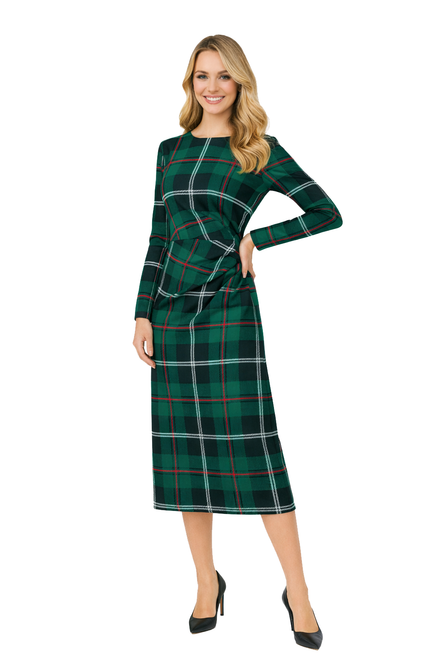 Model wearing a Black Watch tartan midi dress with long sleeves and a gathered waist
