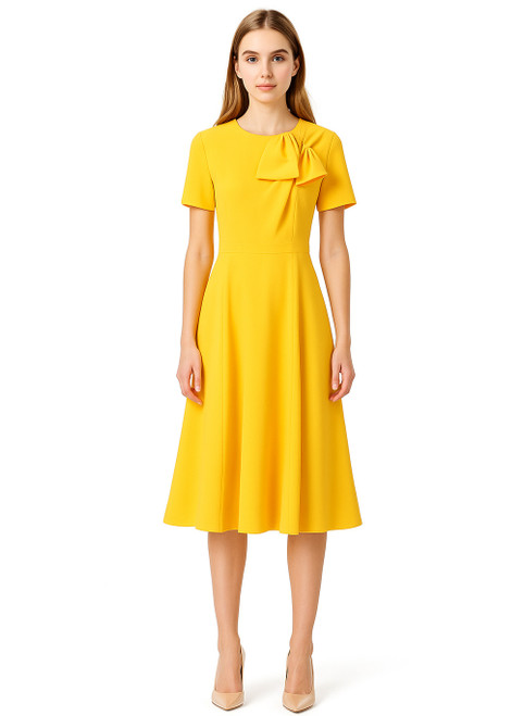 Model wearing a yellow bow-detail fit-and-flare midi dress