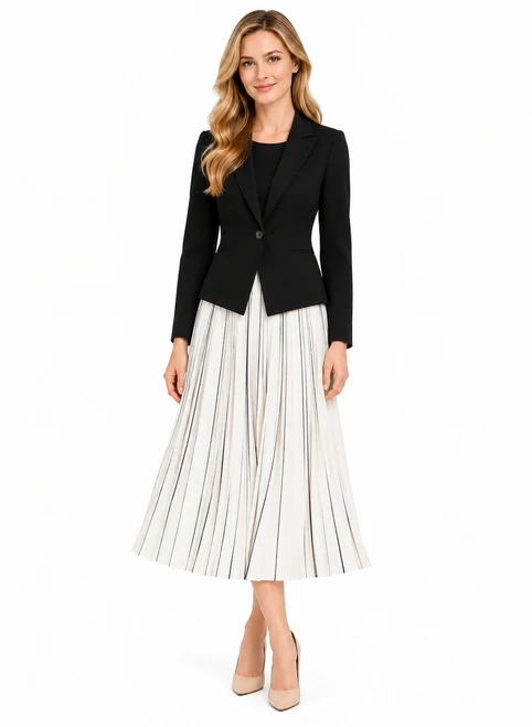 Model wearing a fitted black blazer with a black and white pleated maxi skirt