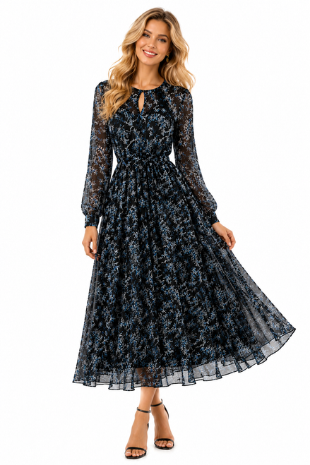 Floral Print Chiffon Fit-And-Flare Keyhole Midi Dress