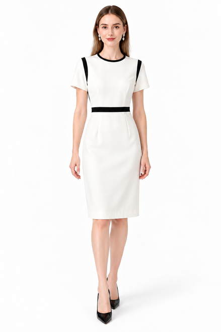 White knee-length sheath dress with round neckline and black contrast trim
by Kate Middleton