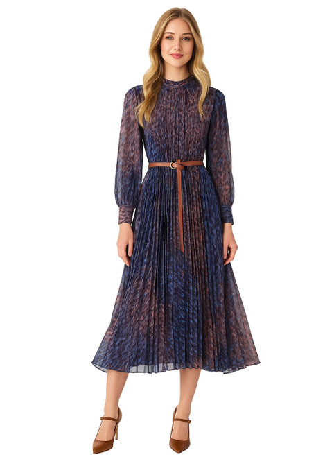 Model wearing a sapphire blue multicoloured abstract-print midi dress with long sleeves and a defined waist