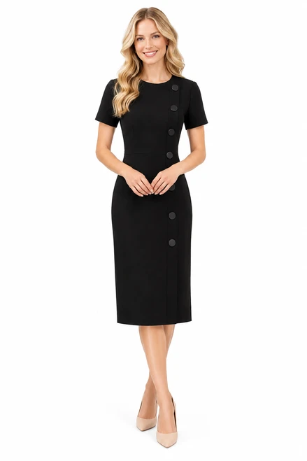 Model wearing a fitted black midi dress with short sleeves, a round neckline and decorative button-front detailing