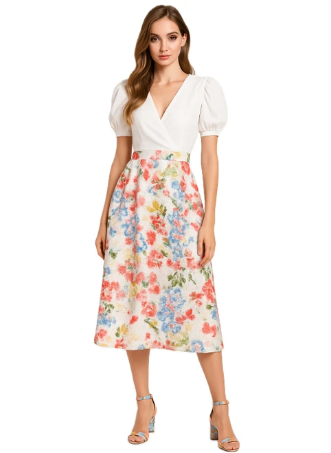 Ruffled Short Sleeved White Top & Watercolour Jacquard A-line Midi Skirt Set