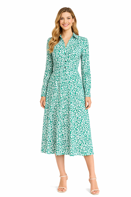 Model wearing a white and green leopard pansy-print silk maxi shirt dress with long sleeves, a button front and matching waist belt