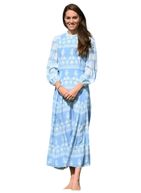Baby-blue Boho Blouson-sleeved Cornflower  Maxi Dress with a High-neck Collar