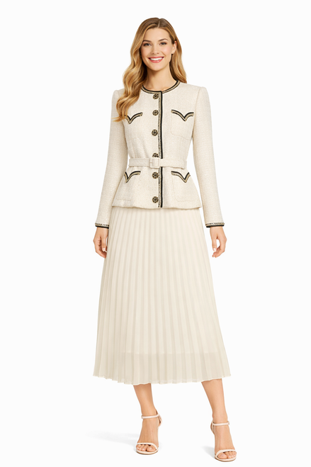 Off-white tweed belted jacket with black stitching and pleated chiffon skirt