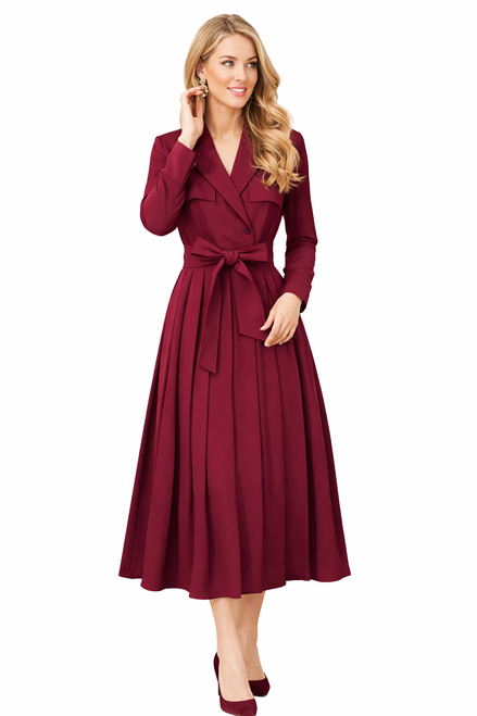 Burgundy Belted Long Sleeve Pleated Midi Trench Dress