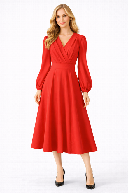 Model wearing a bright red V-neck puff-sleeve midi dress