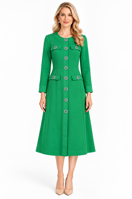 Emerald green collarless coat dress with satin trim and embellished buttons