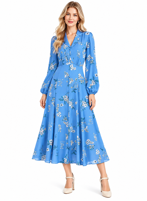 Model wearing a blue and white floral button-front fit-and-flare midi dress