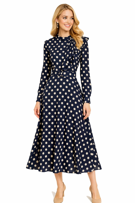 Navy Polka Dot High-Neck Ruffled Midi Dress