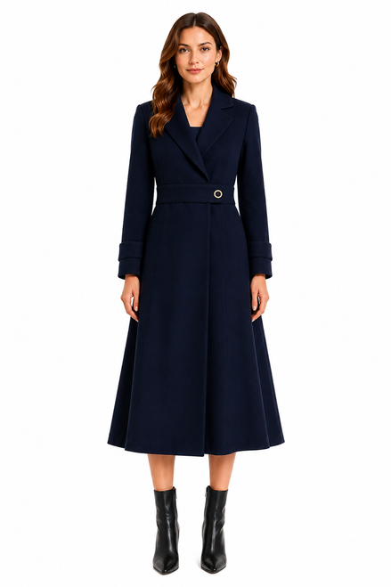 Model wearing a navy mid-length wool-blend coat with notched lapels, a button-clasp waist belt and flared skirt