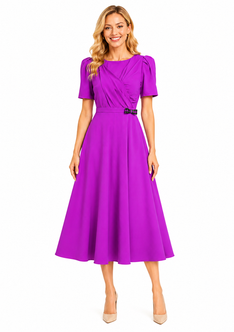 Lilac Twist Bodice Ruffled Sleeve Crepe A-line Midi Dress