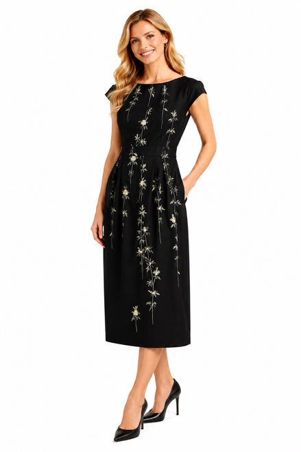 Bateau Neckline Cap-sleeved Floral Embroidered Sheath Midi Dress