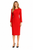 Model wearing a bright red fitted sheath dress with a keyhole neckline, long sleeves, piped waist detail and pencil skirt