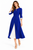 Model wearing a navy V-neck midi dress with elbow-length sleeves, a fitted waist, button-front detailing and contrasting skirt pleats