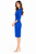 Model wearing a royal blue sheath dress with puffed shoulders, flared three-quarter sleeves, a defined waist and back hem slit
