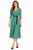 Model wearing a green and white square-print midi dress with a fitted bodice, shaped sleeves, matching belt and flowing A-line skirt